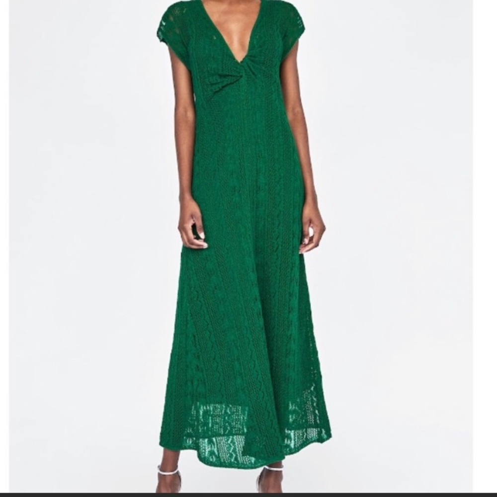 NWOT Zara Green V-Neck Crochet Dress-S